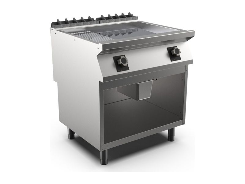 Mareno FT98EMCG Flatgrill 800 mm, elektrisk, 2/3 glatt og 1/3 riflet krom, på åpent underskap